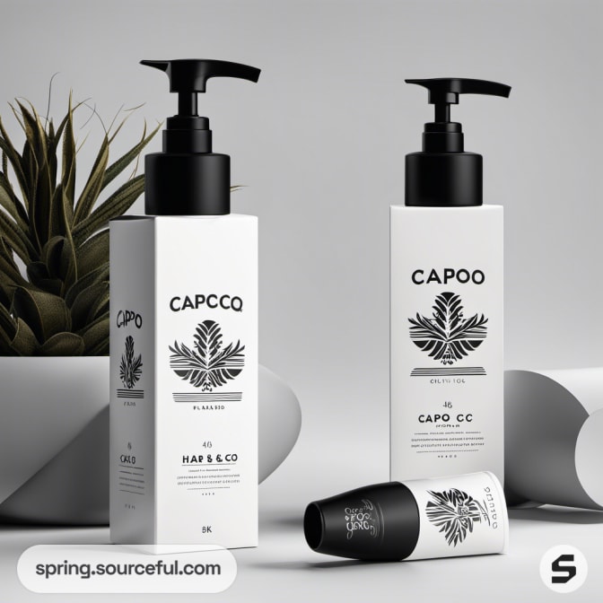 White pump bottles with black pumps and botanical illustrations, set on a gray surface.