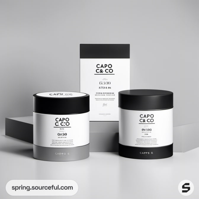 Round black and white containers with sleek labels on a gray abstract background.