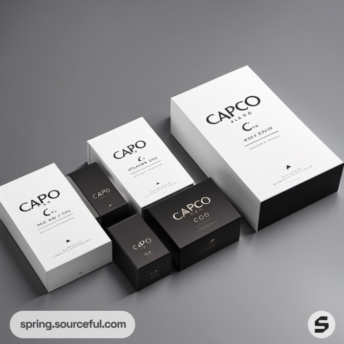 Black and white boxed products with minimalist design, arranged in a grid.