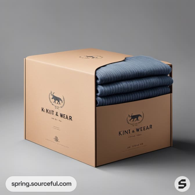 Brown box with blue knitwear folded inside, logo and text visible.