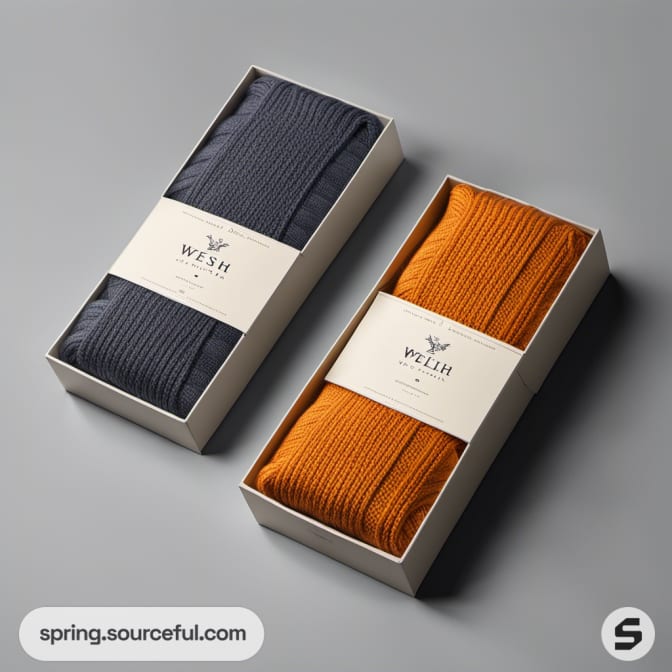 Two rectangular boxes with navy and orange knitwear, minimalist design.