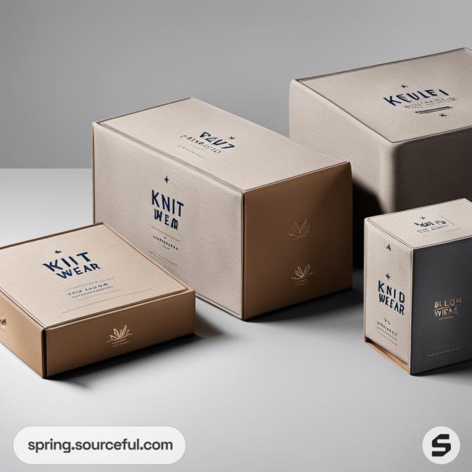 Four brown boxes of varying sizes with text and logo, minimalist style.