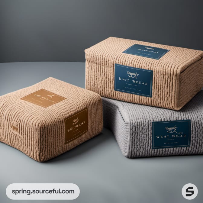 Three textured boxes in beige, gray, and tan, placed side by side.