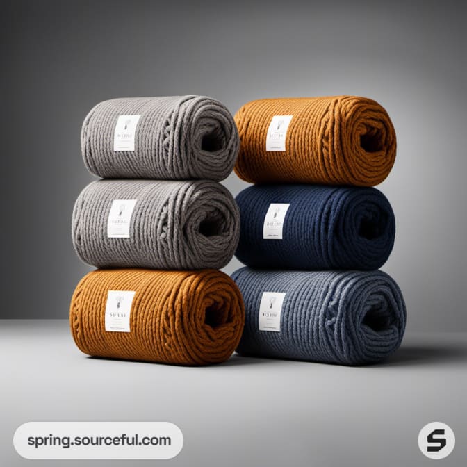 Stacked rolls of knitwear in gray, orange, and blue with white labels.