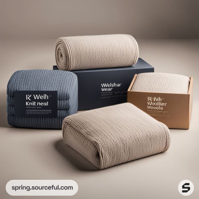 Assorted blankets and knitwear in beige and blue, laid on boxes.