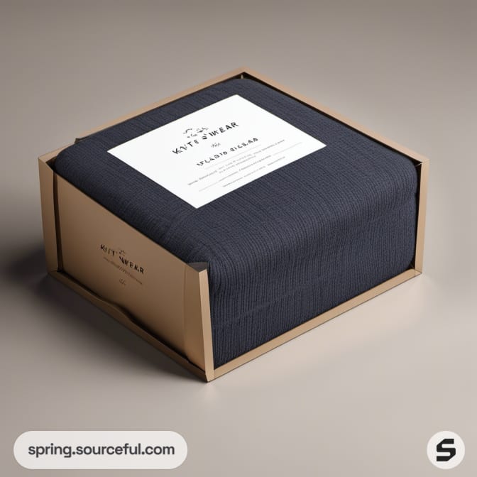 Dark gray folded knitwear in an open box with visible label.