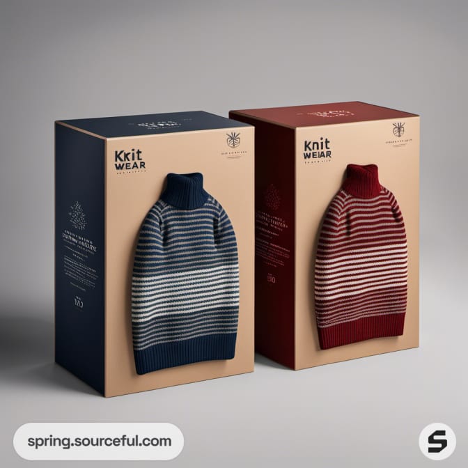 Two boxes featuring striped knit sweaters in navy and red.