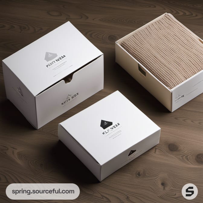 White boxes with tan knitwear folded inside, on wooden surface.