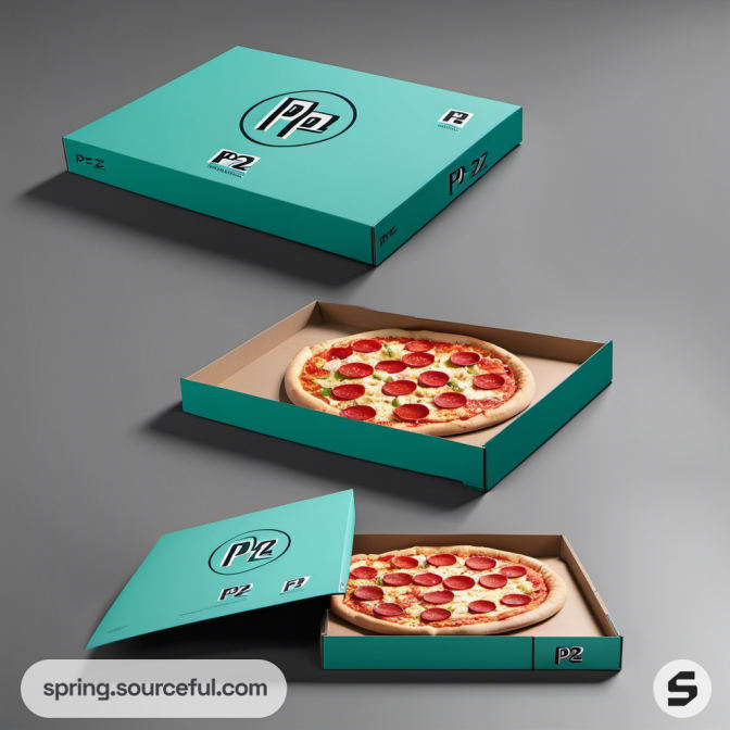 Teal and brown pizza box with pepperoni pizza inside, open and closed views.