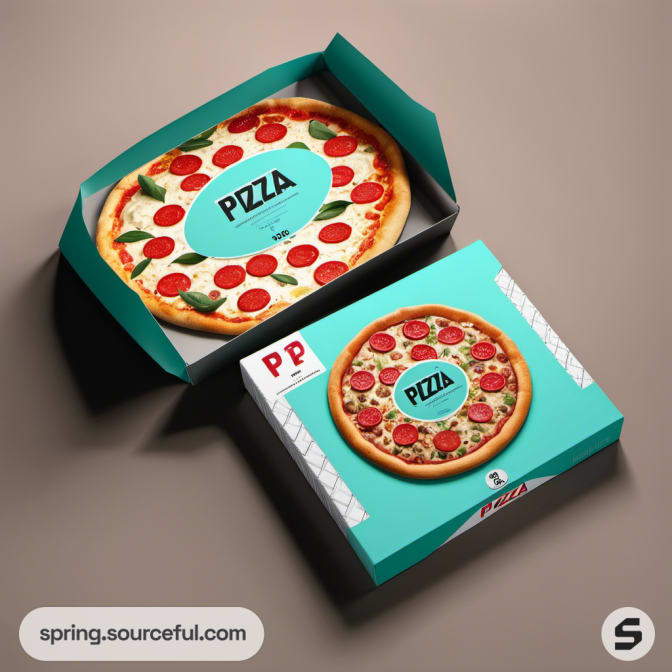 Open and closed pizza box with pepperoni pizza, turquoise color with 'Pizza' text.