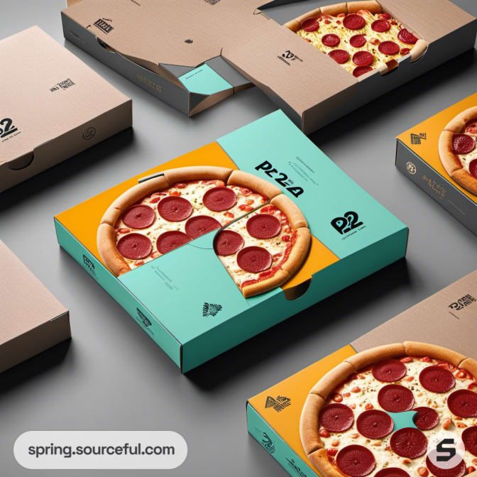 Variety of teal, orange, and natural colored pizza boxes with pepperoni pizzas inside.