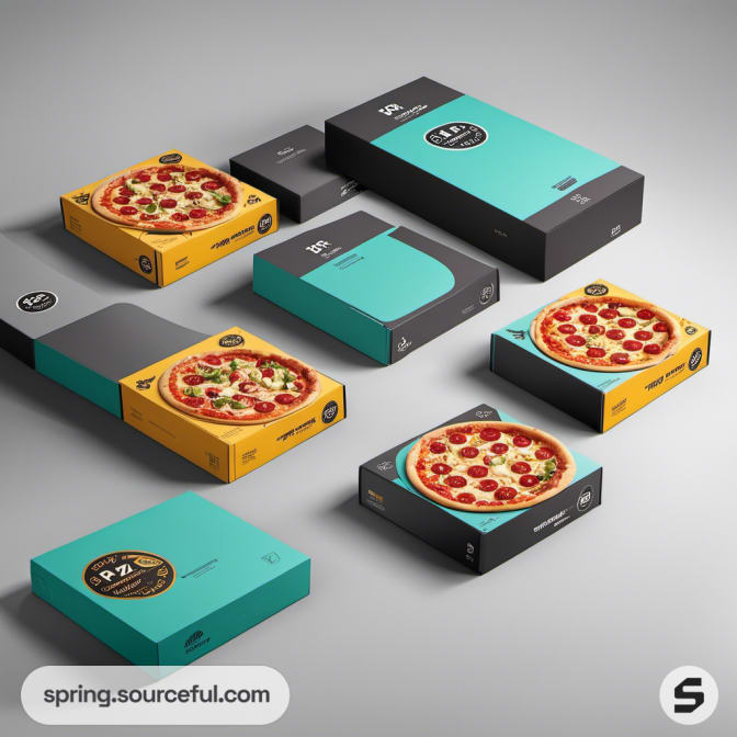 Assortment of pizza boxes in teal, yellow, and black with pepperoni and veggie pizzas.