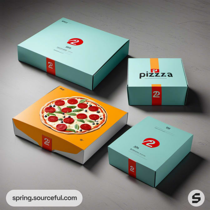 Pizza box set with teal and orange designs, featuring a closed and open veggie pizza box.