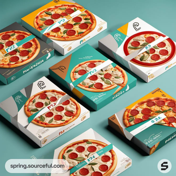 Six colorful pizza boxes with varying designs, showcasing pepperoni pizzas on top.