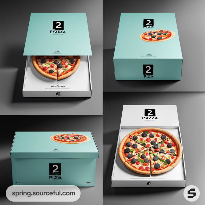 Stack of teal pizza boxes with assorted pizzas, showcasing open and closed arrangements.