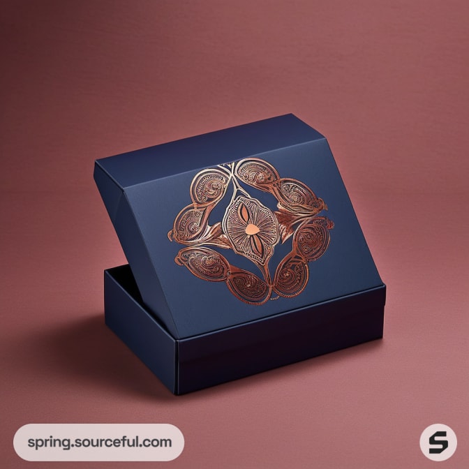 Navy blue gift box with gold floral design on a brown background.