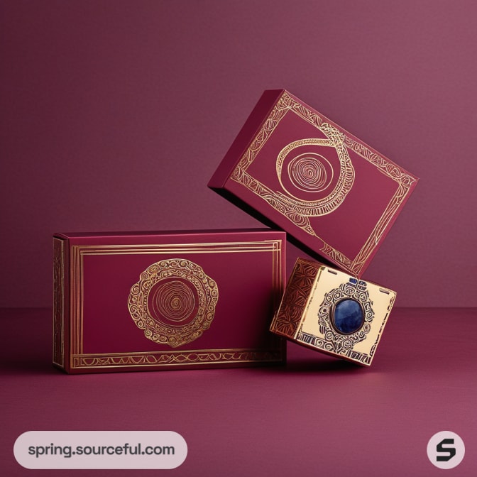 Stack of elegant maroon and gold boxes with intricate designs.