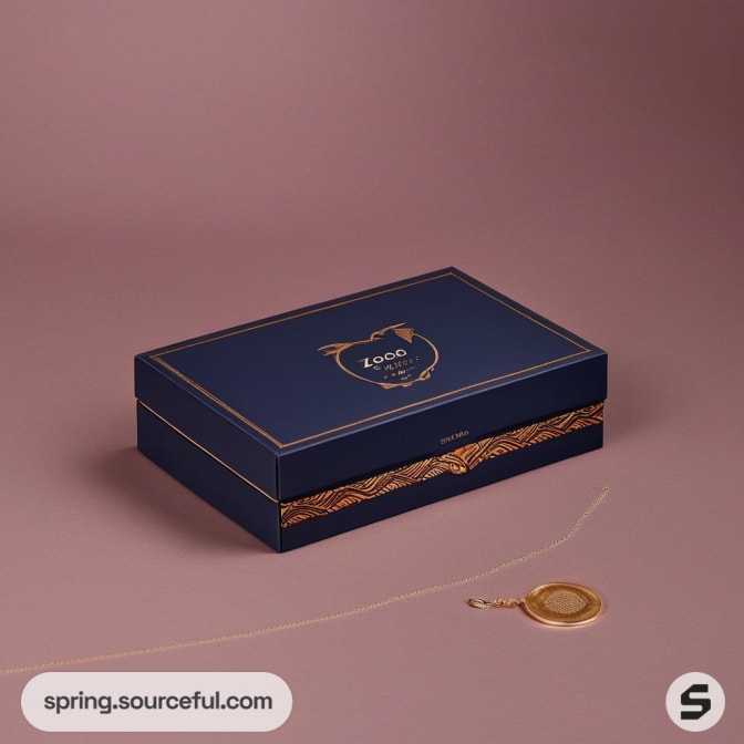 Navy blue rectangular box with gold accents on a soft background.