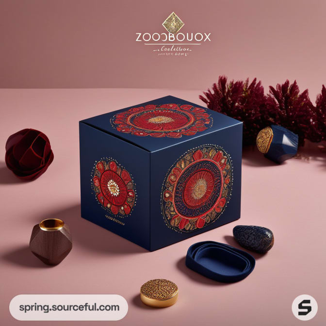 Dark blue cube box with vibrant mandala design, surrounded by decorative items.