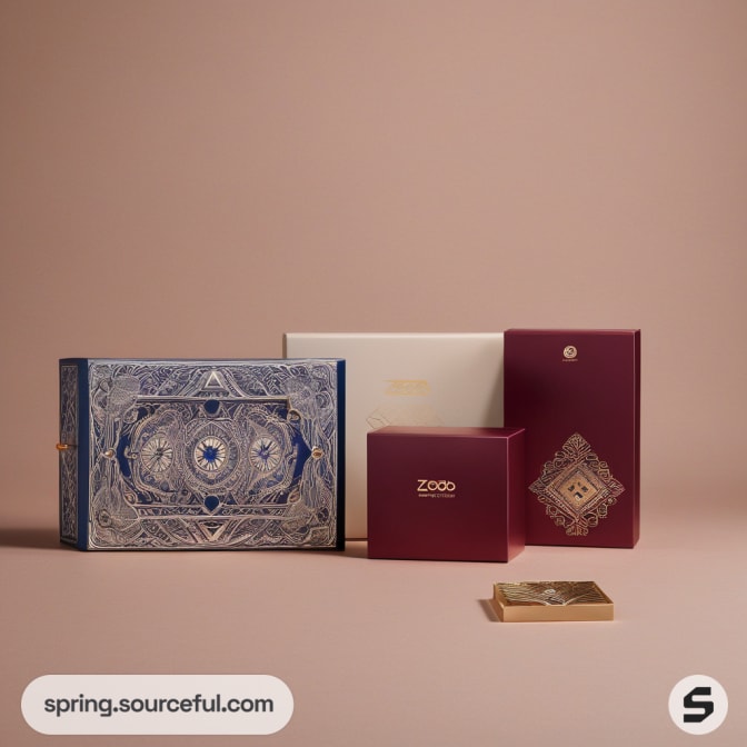 Collection of decorative boxes in various sizes and colors with intricate designs.