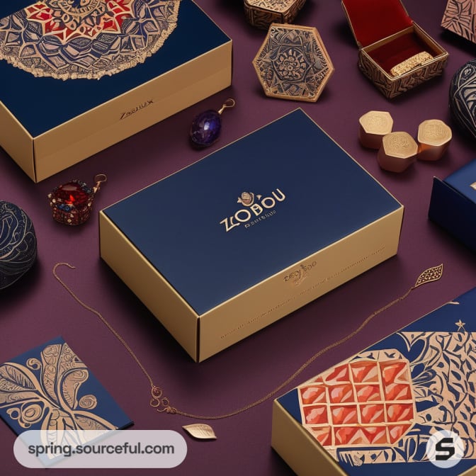 Assorted jewelry boxes with detailed designs, accompanied by jewelry pieces.