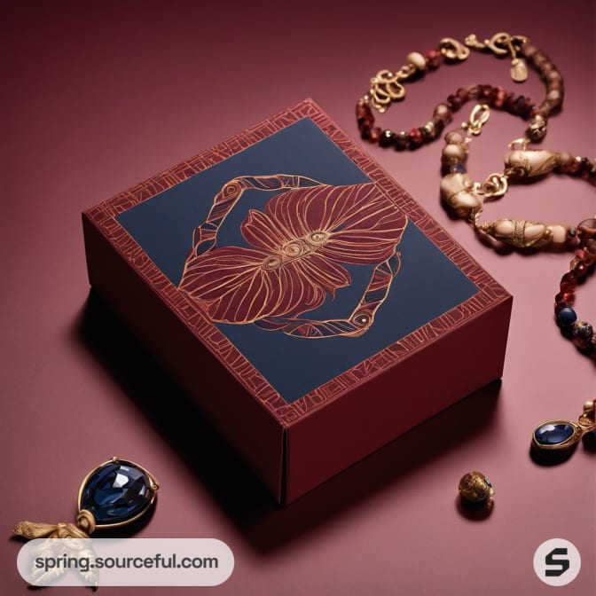 Red and gold box with floral design, surrounded by beaded jewelry.