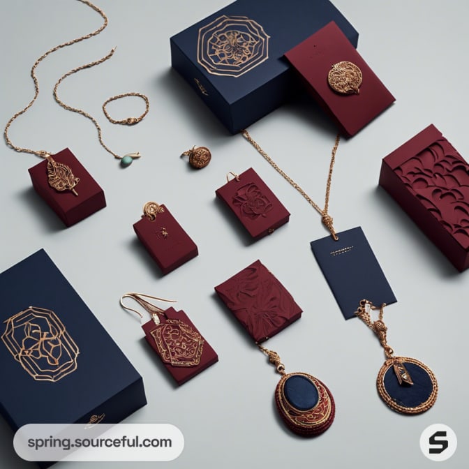 Jewelry and boxes set with gold and red ornamental designs.
