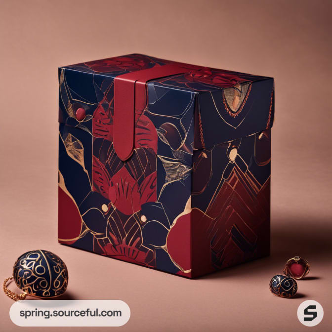 Decorative box with complex red and gold patterns next to ornate accessories.