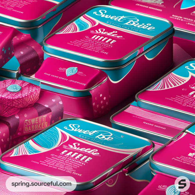 Colorful tins with swirled patterns in teal and pink.