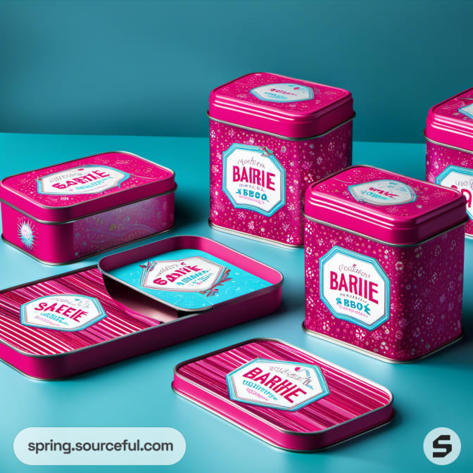 Pink tins with teal accents on a teal surface.