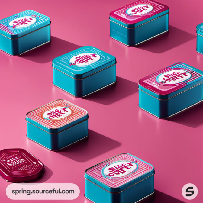 Teal and pink tins with retro design on pink surface.