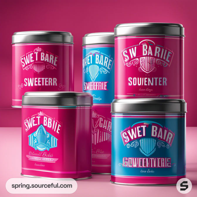 Bright pink and teal tins set on a vivid background.