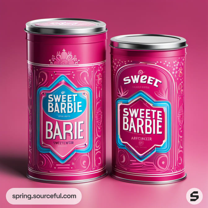Pink and teal cylindrical tins with ornate designs.