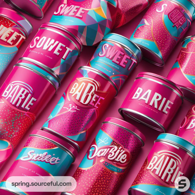 Vibrant pink tins with geometric patterns and lettering.