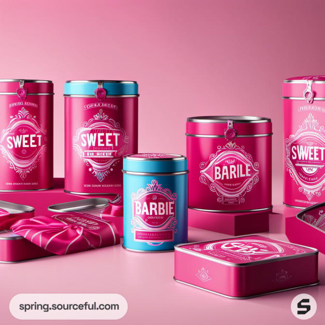 Pink tins with refined ornate labels on pink backdrop.