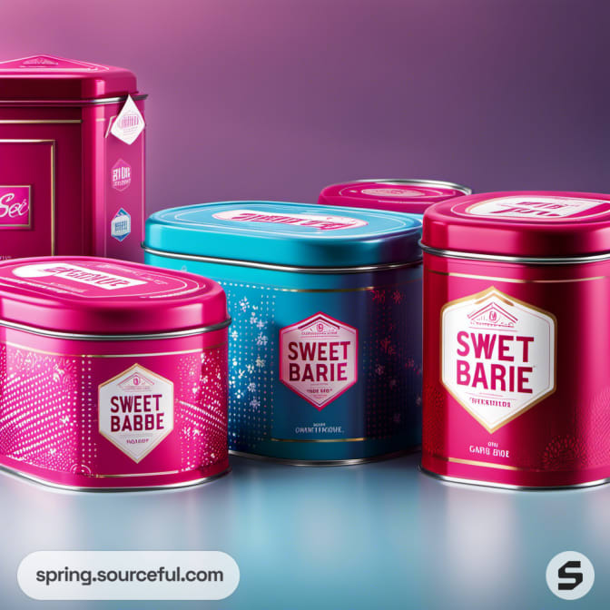Variety of rectangular pink and teal tins with retro designs.