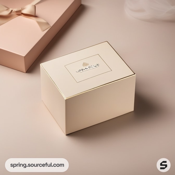 Cream-colored gift box with elegant ribbon on pink background.