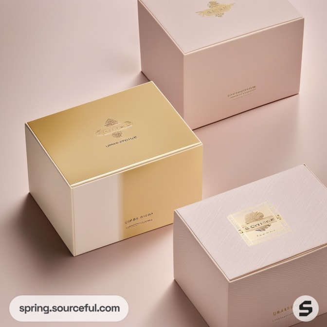 Three upscale gift boxes in cream and gold hues.