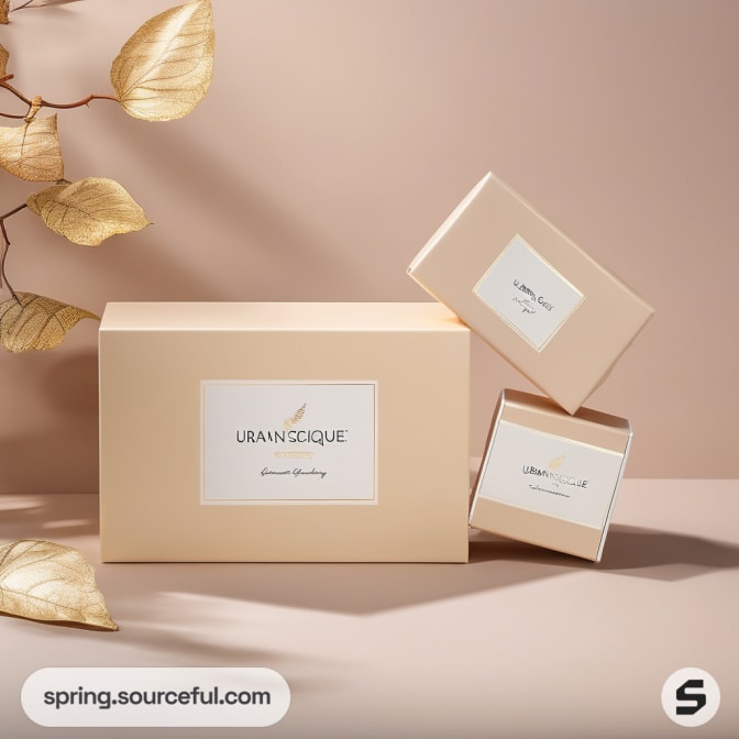 Beige gift box with two smaller similar boxes nearby.