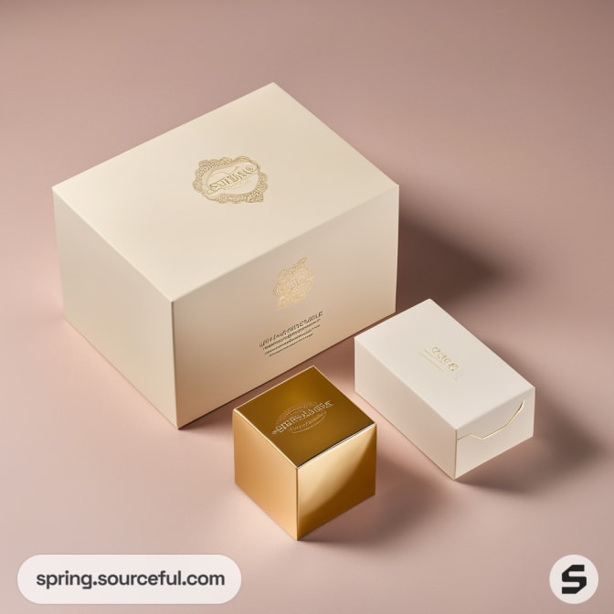Luxury packaging with large cream box and two smaller boxes in gold and cream.