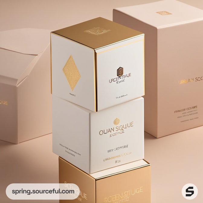Stacked boxes with beige and gold details on clean surface.