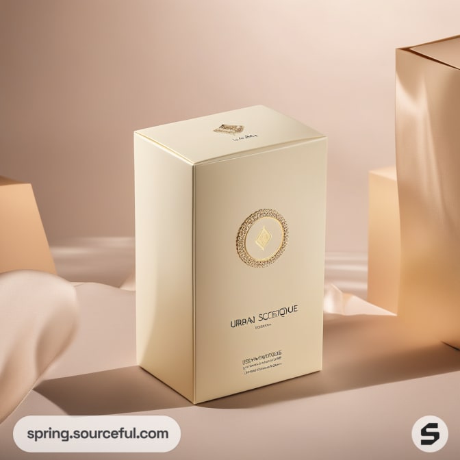 Tall beige perfume box with elegant gold accents.