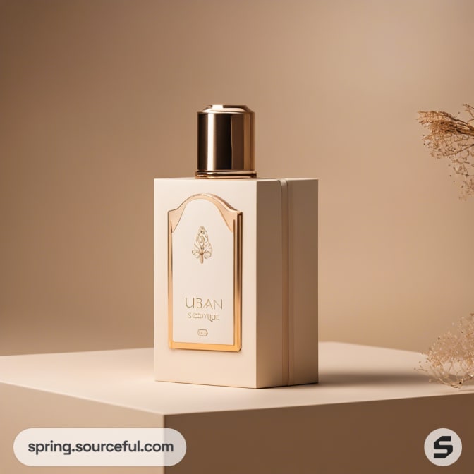 Luxurious perfume bottle in cream packaging on podium.