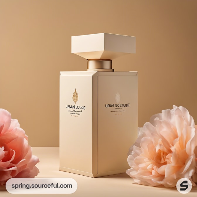 Large perfume bottle with geometric cap next to pink flowers.