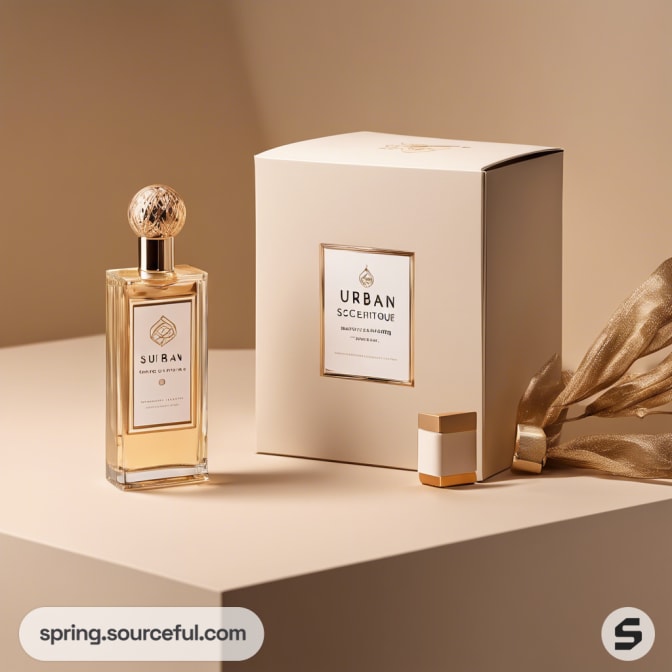 Elegant perfume bottle beside matching cream box and a silky ribbon.
