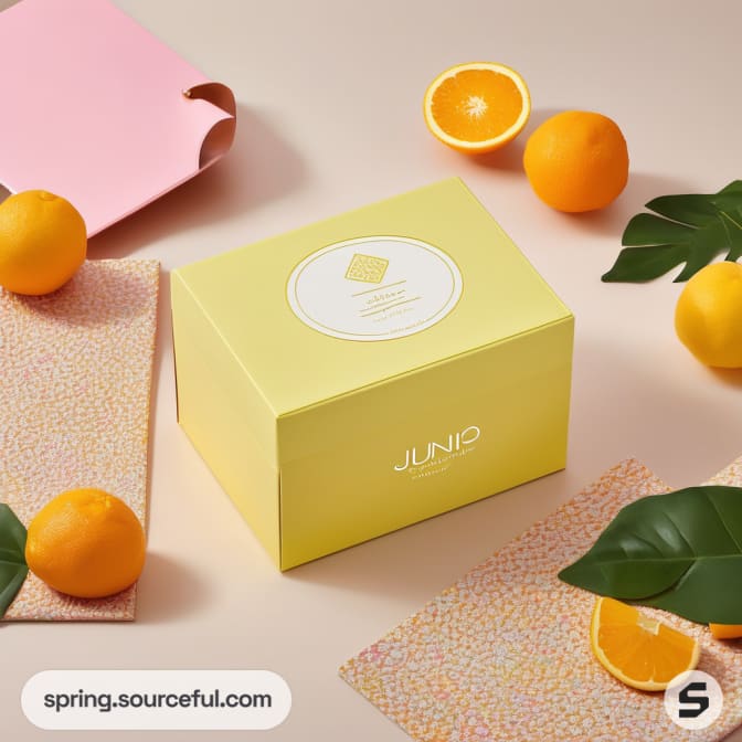 Yellow mailer box with citrus fruits in a pastel setting.