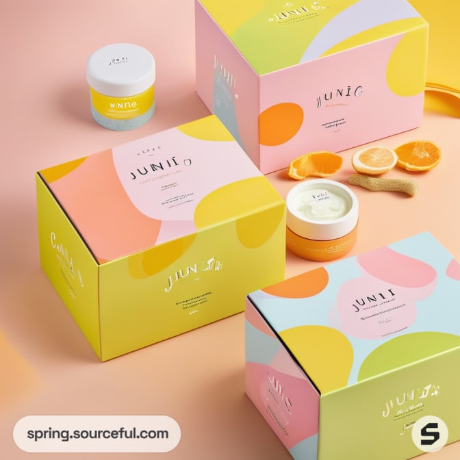 Colorful skincare packaging with vibrant designs and citrus.