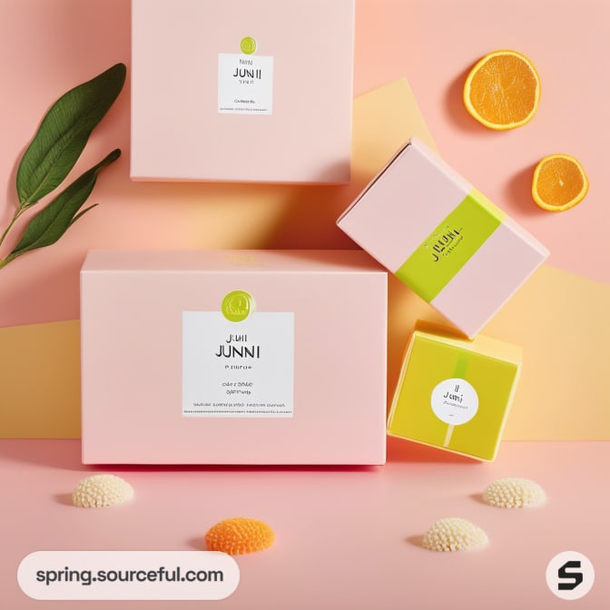 Pink and green boxes with skincare products and citrus slices.