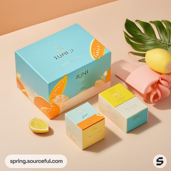 Blue and yellow boxes against a beige backdrop with citrus theme.