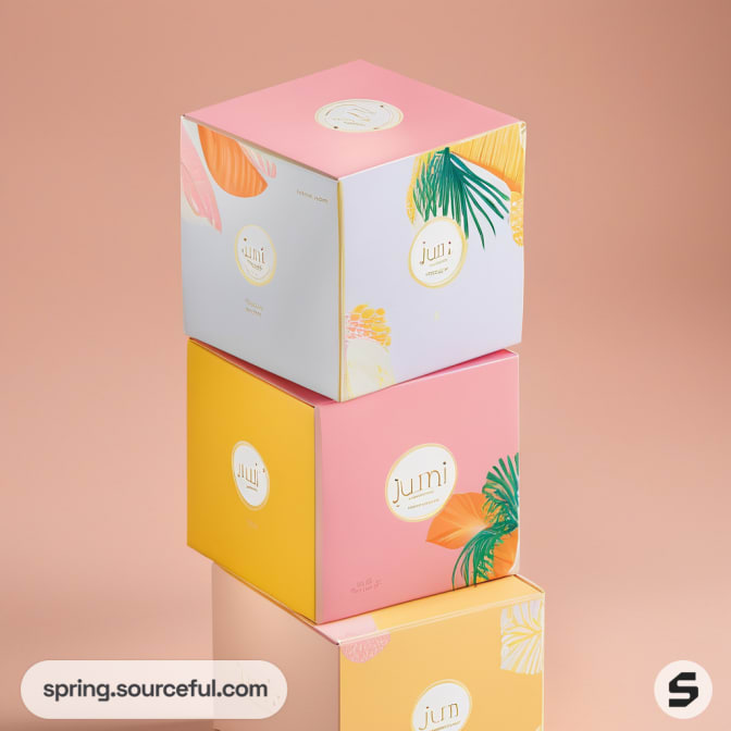 Stacked colorful boxes with leaf and fruit design on pastel background.